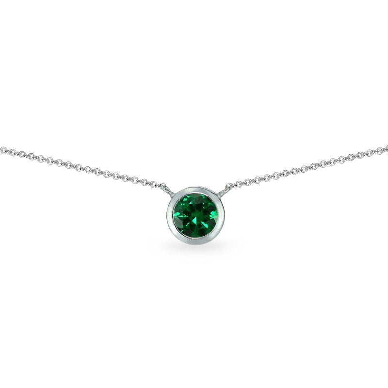 Sterling Silver Bezel-Set Dainty 6mm Simulated Gemstone Necklace for Women & Teens