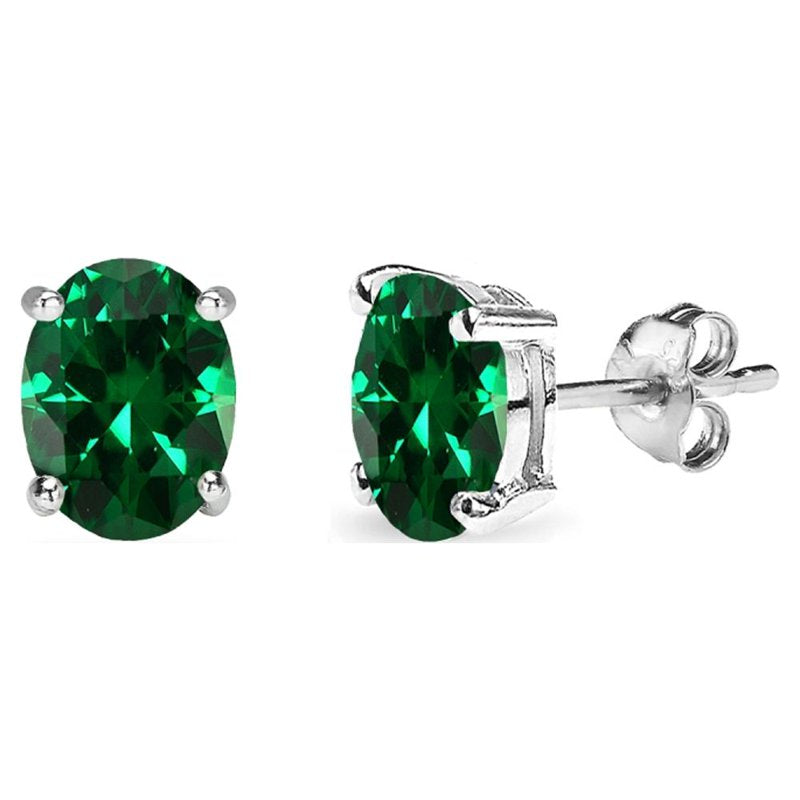 Sterling Silver Emerald Stud Earrings 6x4mm Oval-Cut Solitaire Jewelry for Women & Teens