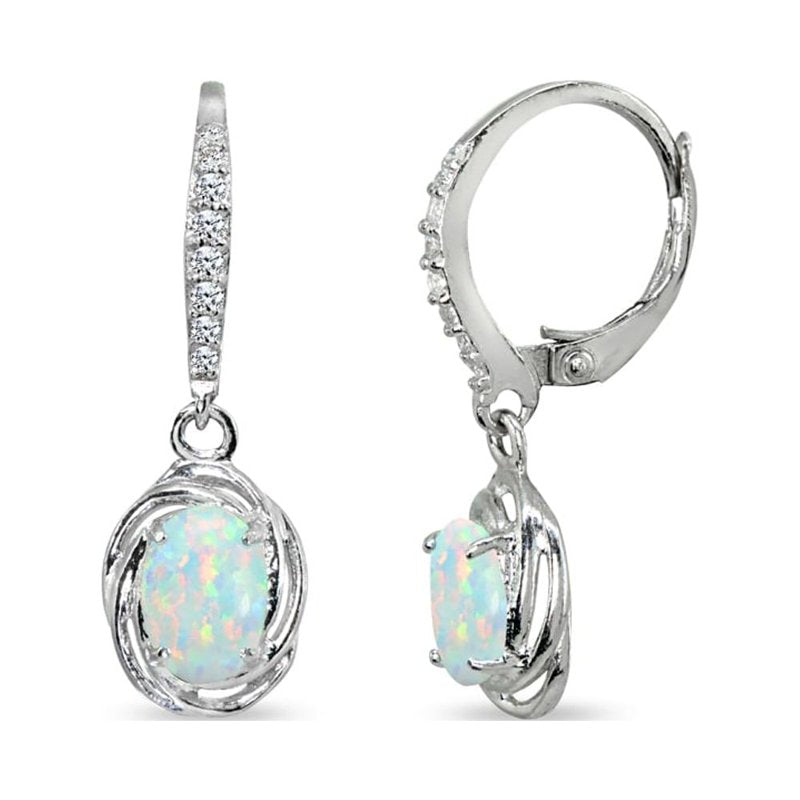 Sterling Silver Dangle Earrings with Oval Simulated Opal & CZ - Love Knot Design