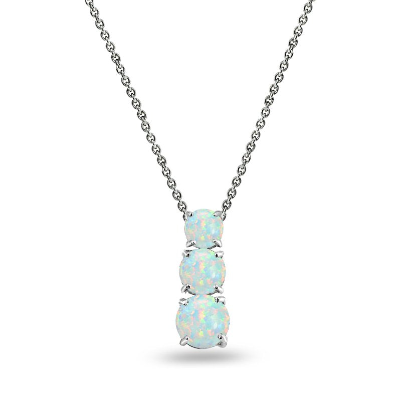 Sterling Silver 3-Stone Opal & Birthstone Pendant Necklace for Women & Teens