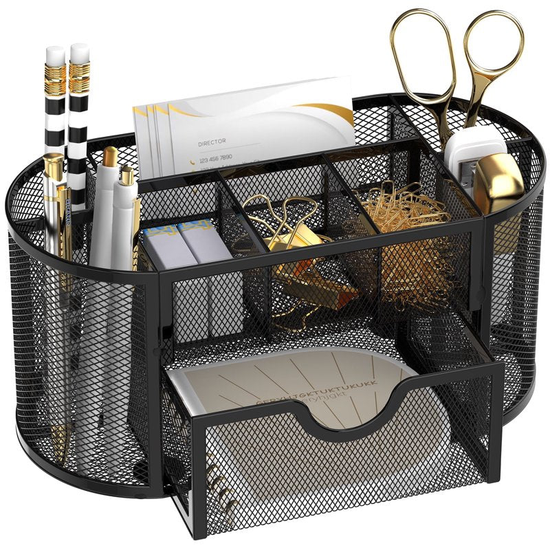Small Mesh Desk Organizer with Drawers, 9 Compartments for Office and Makeup