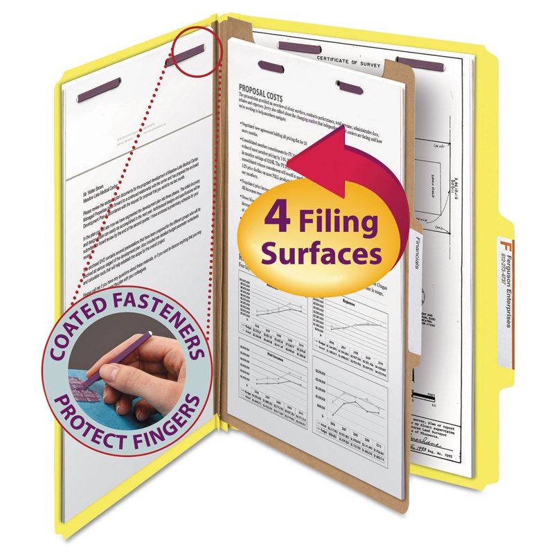 Legal Pressboard File Folders with Fasteners - Yellow 10-Pack