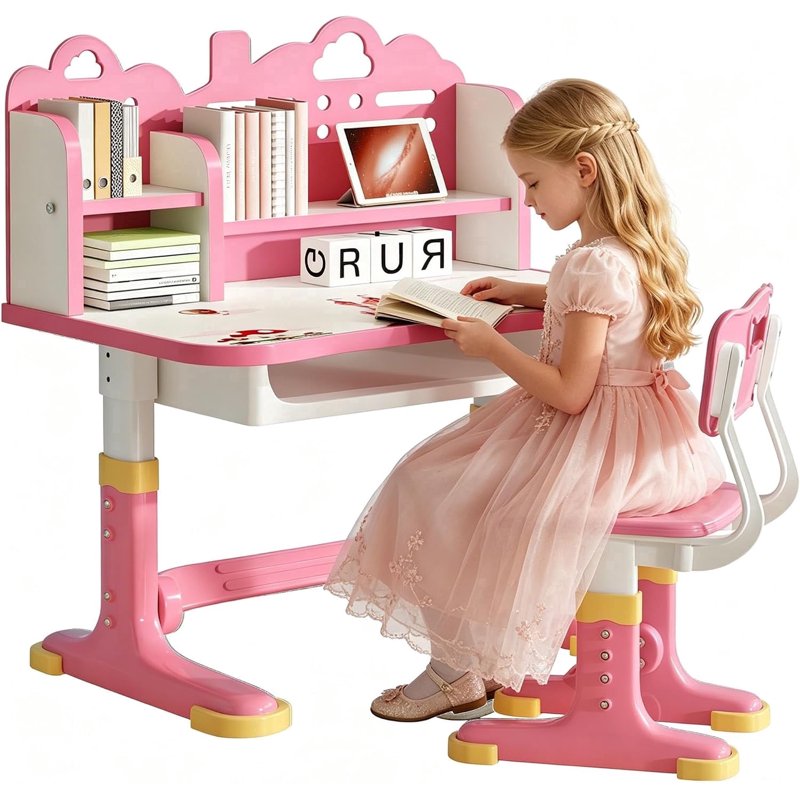 Kids Adjustable Height Study Desk and Chair Set with Tilt Top and Storage