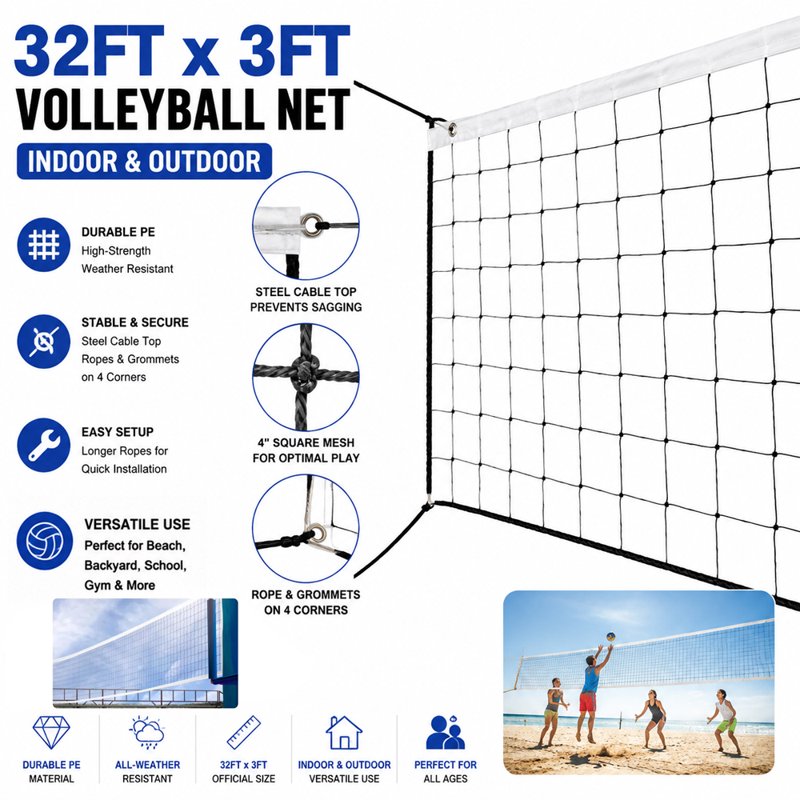 Indoor & Outdoor Volleyball Net 32ft x 3ft Heavy Duty PVC Sports Net