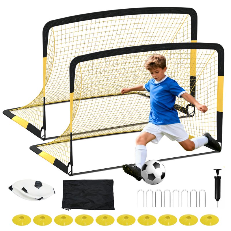 6x4 ft Portable Soccer Goals Set for Kids – Foldable Backyard Practice Goal (Set of 2, Yellow/Black)