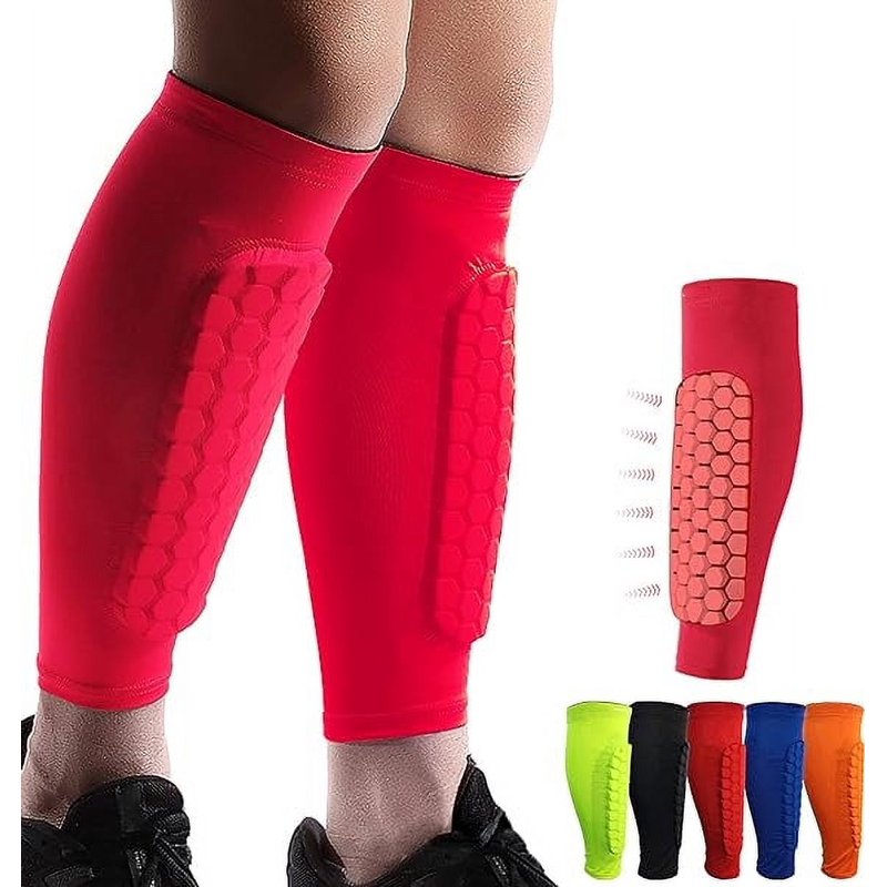 M Red Shin Guards for Kids & Adults - Calf Compression with Honeycomb EVA Pads