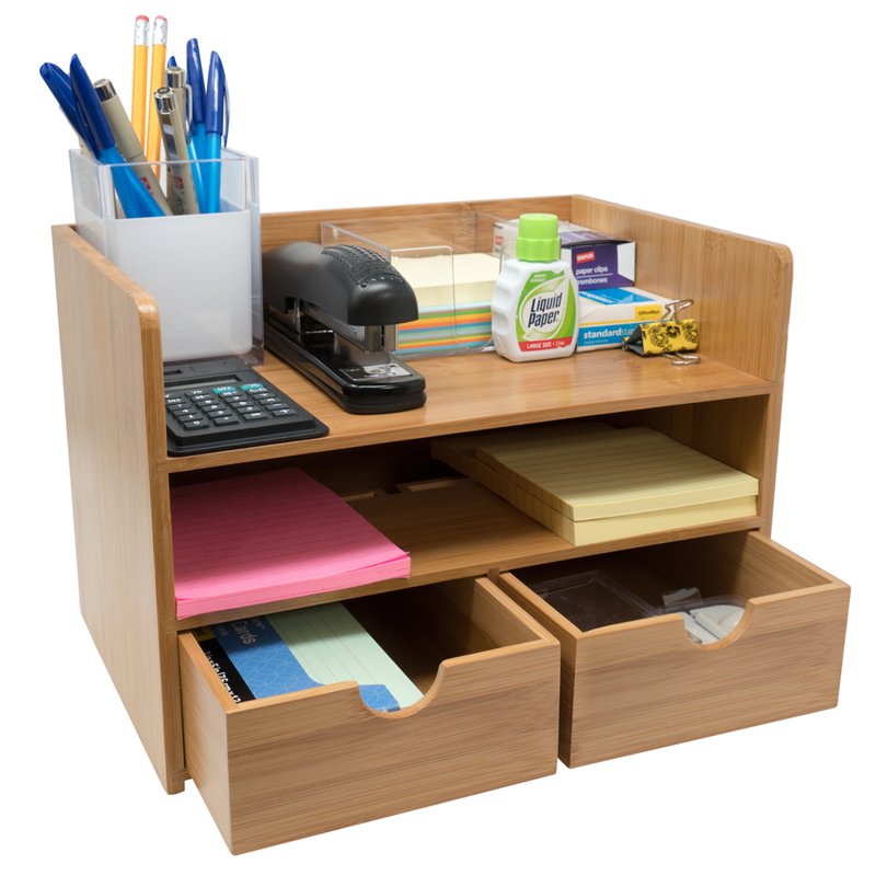 3-Tier Bamboo Desk Organizer with Drawers and Shelf for Office Supplies