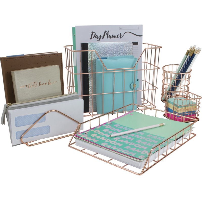 Wire Desk Organizer Set with Copper Finish - 5-Piece Office Storage
