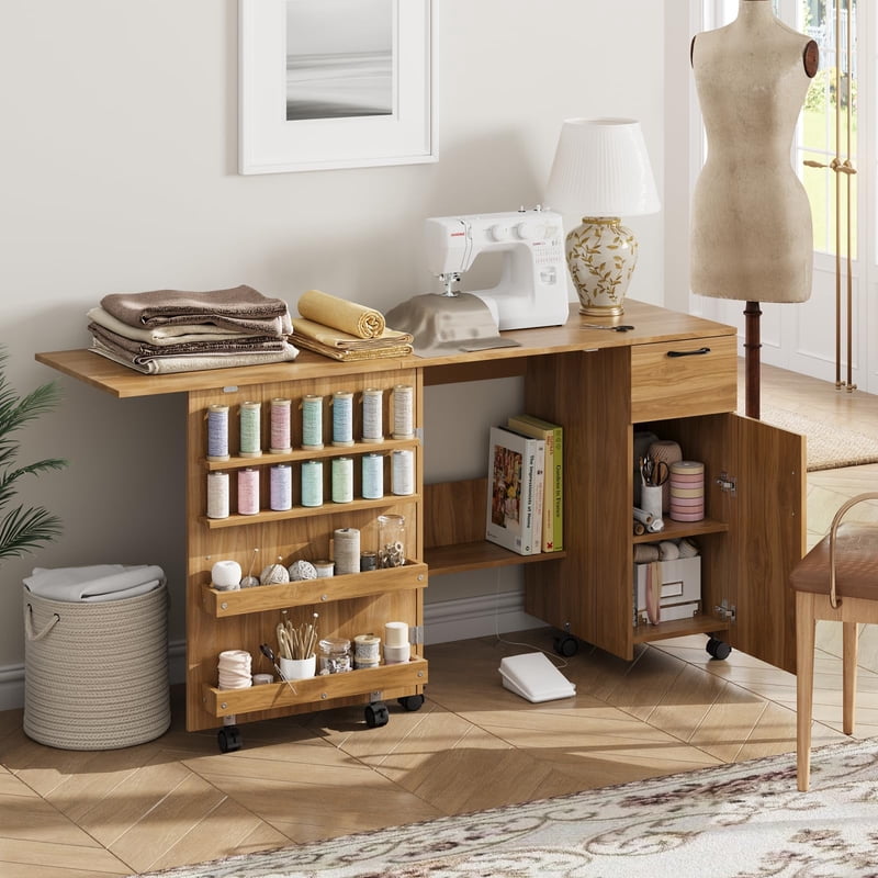 Foldable Sewing Machine Table with Storage Shelves and Lockable Wheels
