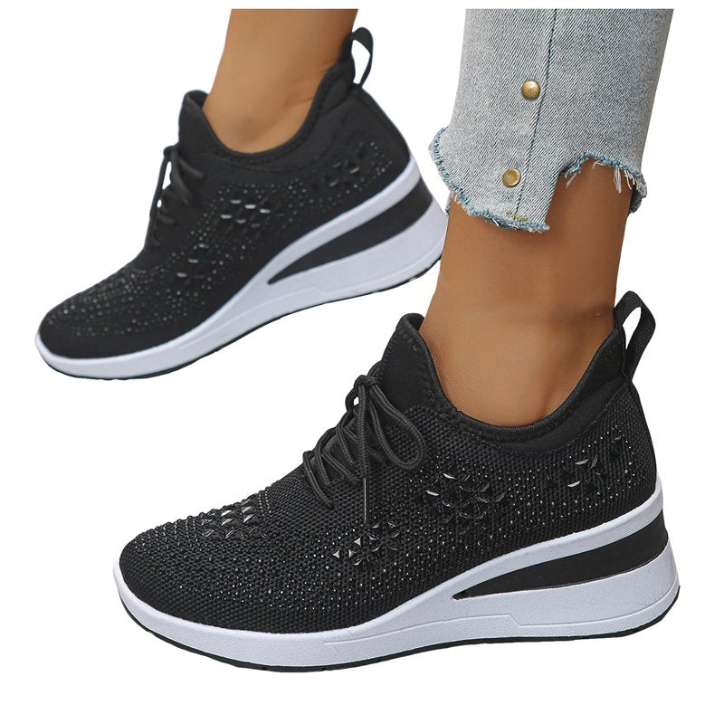 Women’s Sparkly Rhinestone Platform Wedge Sneakers Breathable Mesh Bling Shoes