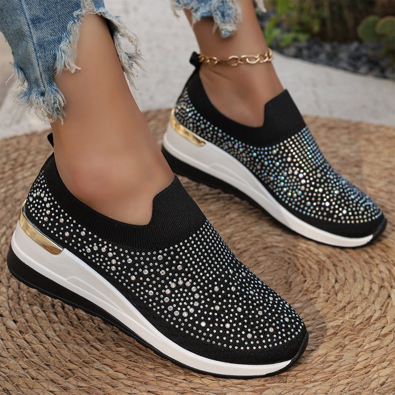 Women's Sparkly Wedge Sneakers with Rhinestone Embellishments - Casual Flats