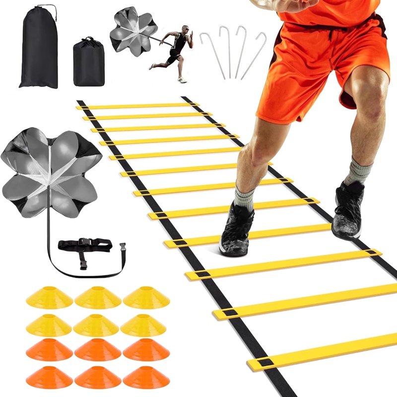 Speed Agility Training Kit: 20ft Adjustable Ladder, 12 Disc Cones, Stakes, Parachute