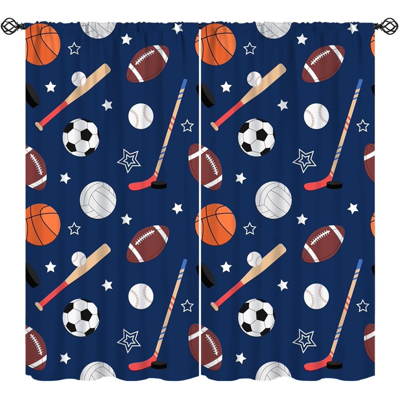 Sports Theme Curtains for Kids Bedroom & Living Room - Cartoon Basketball Football Soccer Print Insulated Drapes, 2 Panels