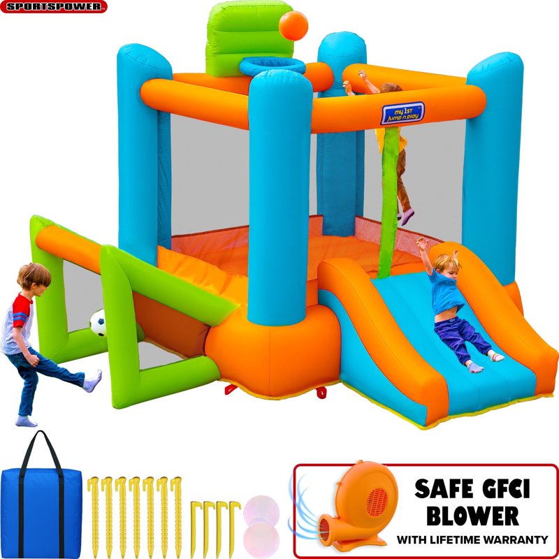 Sportspower My 1st 4-in-1 Inflatable Bounce House with Blower, Soccer Goal & Basketball Hoop