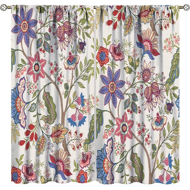 Bohemian Floral Pattern Curtains Set of 2 - Natural Botanical Window Drapes for Living Room & Bedroom