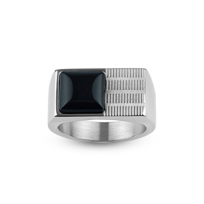 Square Onyx Textured Stainless Steel Men's Ring - Modern Jewelry
