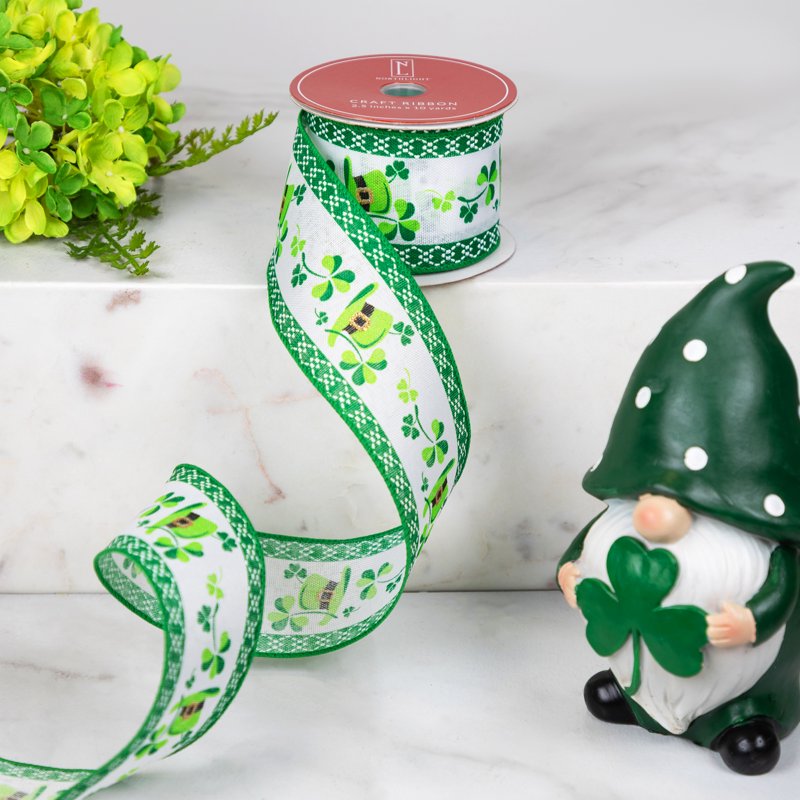 St. Patrick's Day Wired Craft Ribbon - Green Shamrocks & Leprechaun Hats, 2.5" x 10 Yards