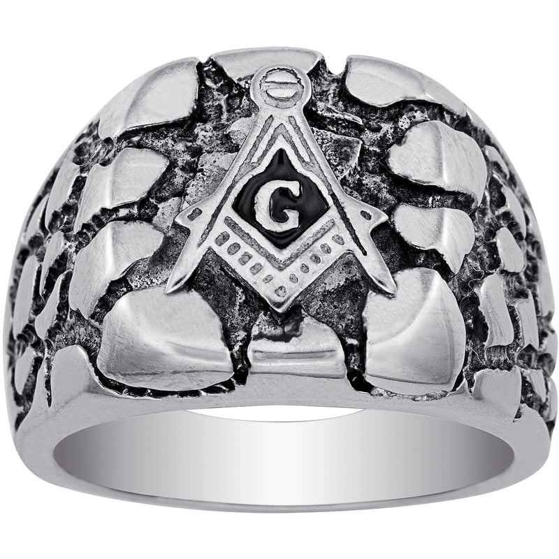 Stainless Steel Men's Masonic Nugget Style Ring - Embossed Square & Compass, Size 8
