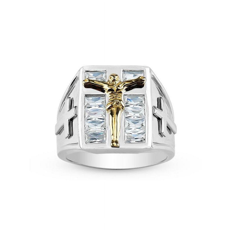 Men's Stainless Steel Crystal Crucifix Ring with 2-Tone Finish