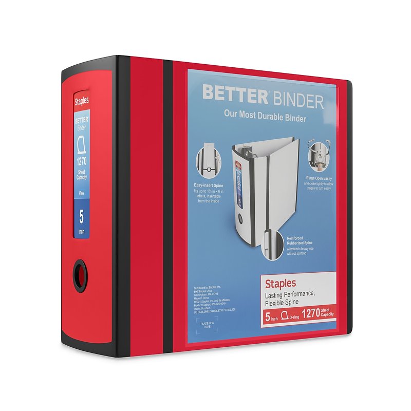 5-Inch Capacity Red Three-Ring Binder with D-Rings for Office & School