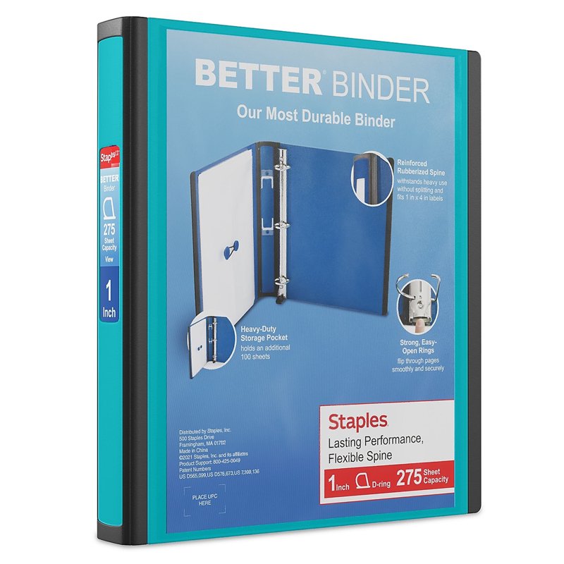 1-Inch D-Ring View Binder with Clear Windows, 275 Sheet Capacity, Teal