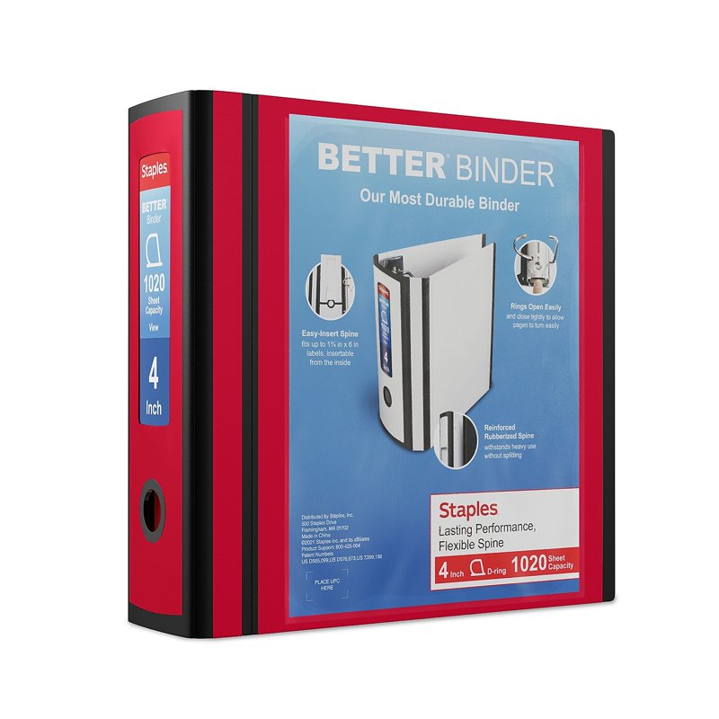 4-Inch 3-Ring View Binder for Office & School Documents, Red