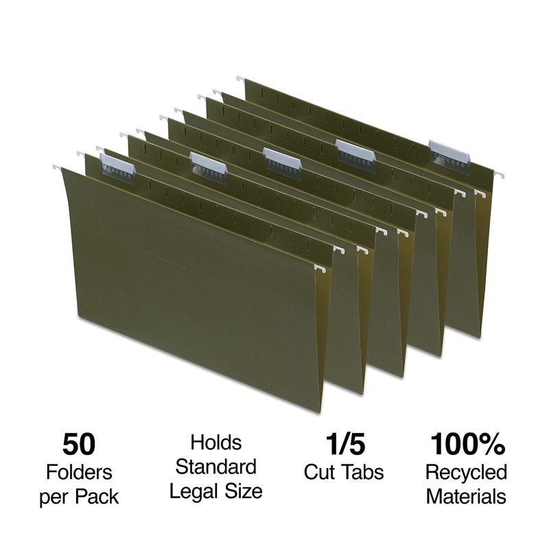 Legal-Size Hanging File Folders with Tabs - Green, 100-Pack