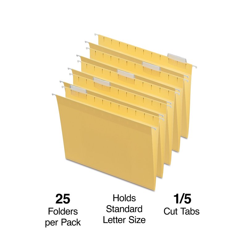 Yellow Hanging File Folders - 5-Tab Letter Size, Tear-Resistant 50-Pack