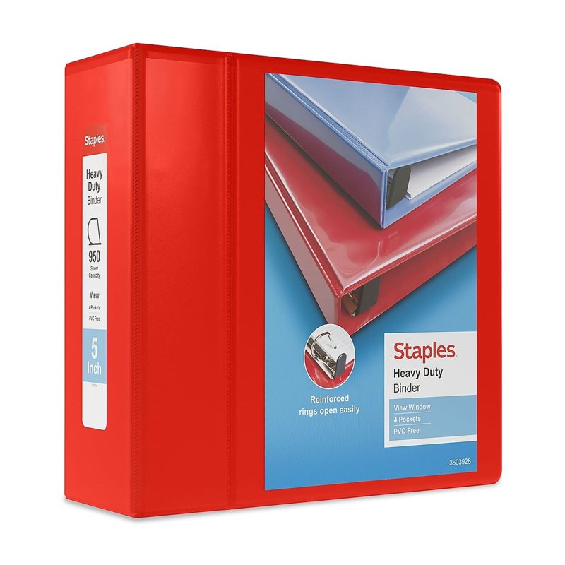 Heavy Duty 5-Inch 3-Ring View Binder - Red, 950-Sheet Capacity