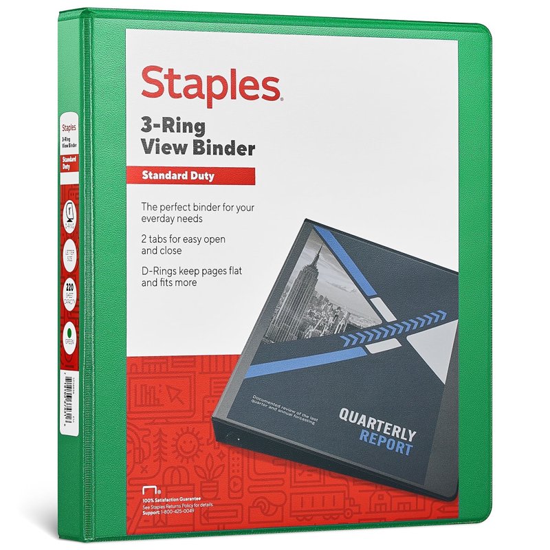 Staples 1-Inch 3-Ring View Binder - Assorted Colors, Holds 220 Sheets