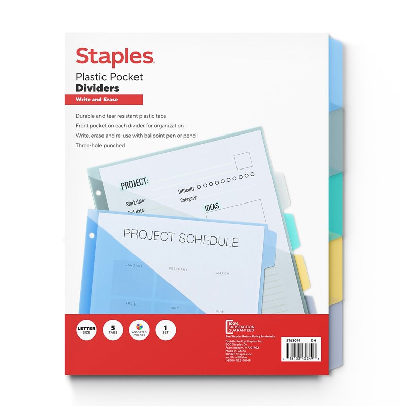 Multicolor Write & Erase Plastic Dividers with Pockets - 5 Tabs for Binders