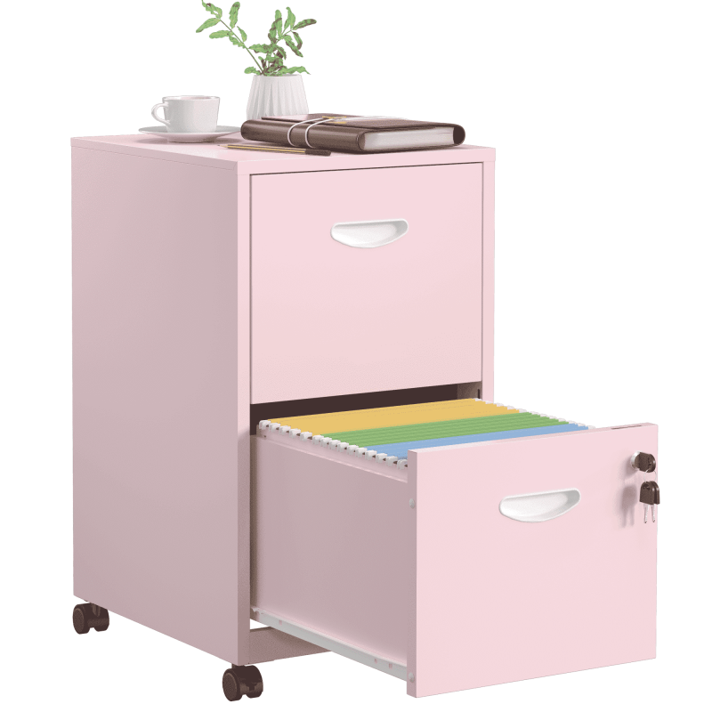 Mobile 2-Drawer File Cabinet on Wheels - Pink Metal Office Storage Organizer