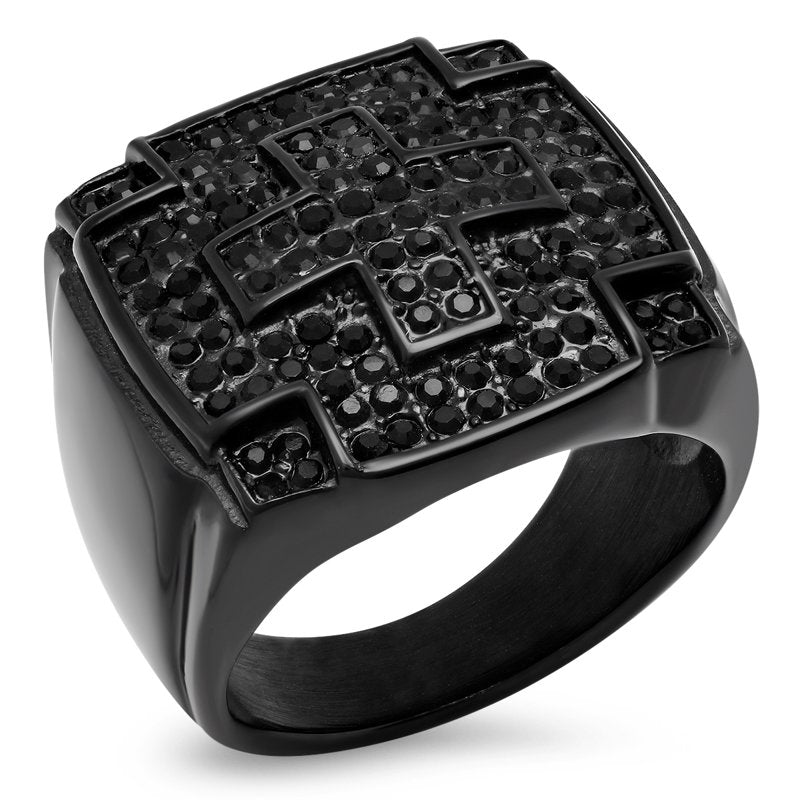 Men's Black Ion Plated Stainless Steel Cross Ring with Cubic Zirconia