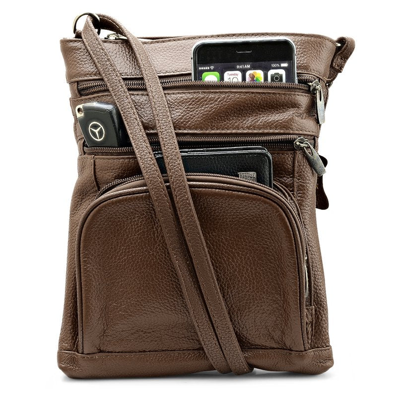 Unisex Leather Crossbody Bag with 6 Compartments and Adjustable Strap