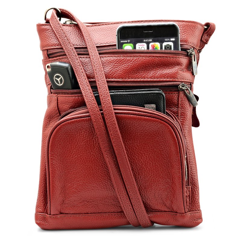 Unisex Leather Crossbody Bag with 6 Compartments and Adjustable Strap