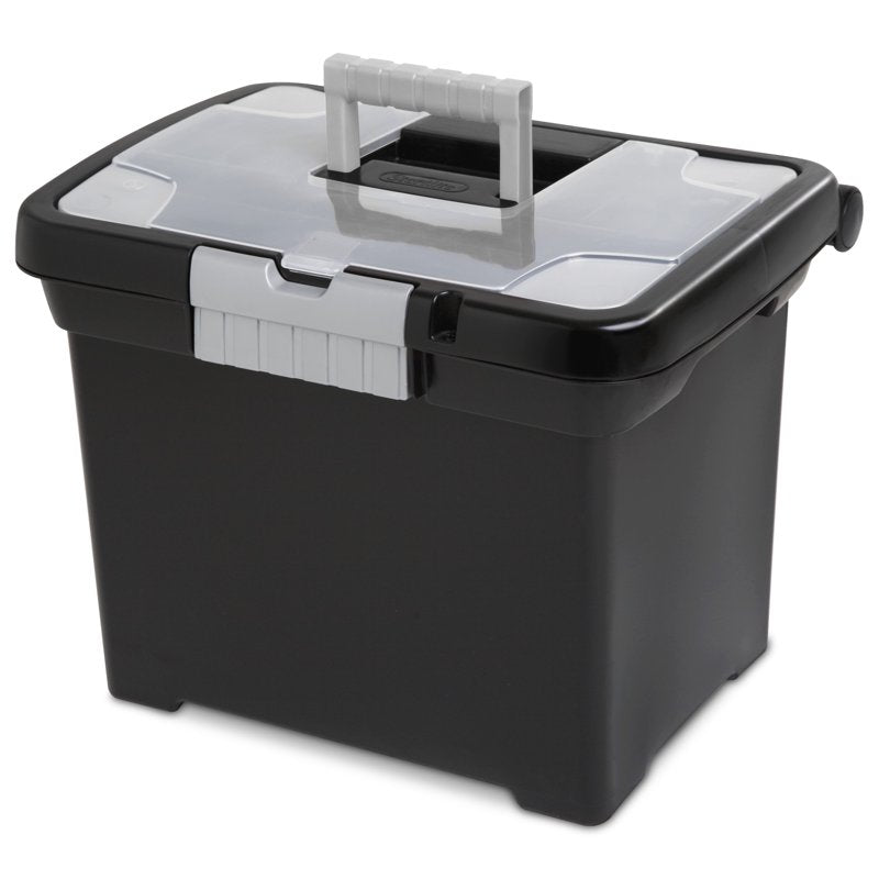 Portable File Box with Handle & Divided Lid for Letter-Sized Documents - Black