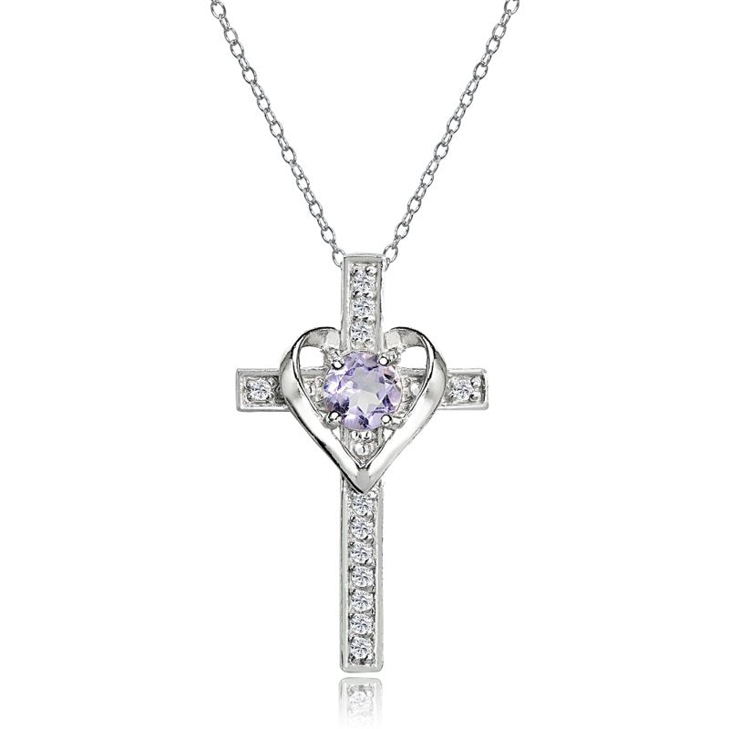Sterling Silver Birthstone Heart Cross Pendant Necklace for Women & Teens