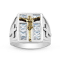 Men's Sterling Silver and Gold Plated Crucifix Ring with Cubic Zirconia Size 10
