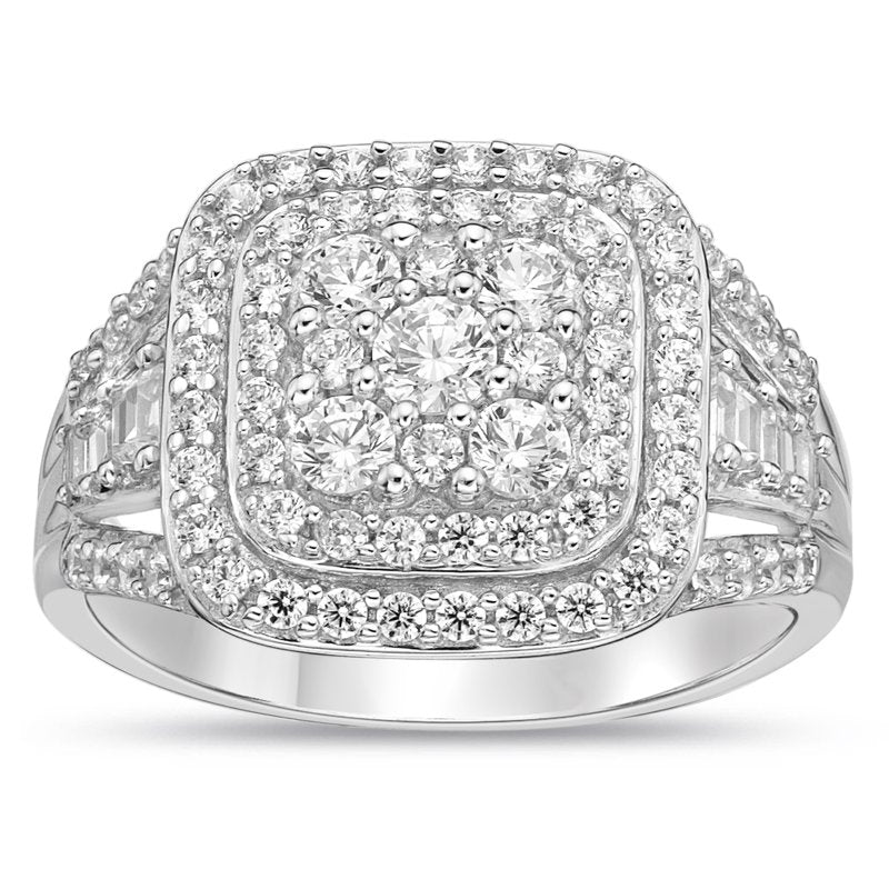 Sterling Silver Cluster Round Simulated Diamond Cocktail Ring - Multiple Sizes