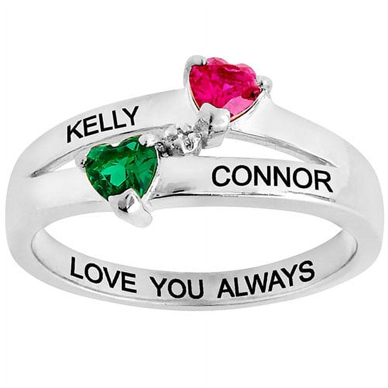 Sterling Silver Couple's Heart Birthstone Ring with Diamond Accent