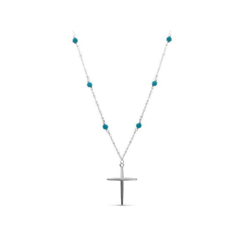 Sterling Silver Cross Necklace with Turquoise Beads 18 Inch Chain
