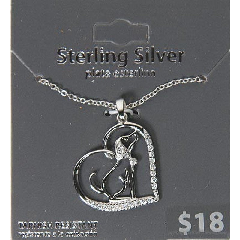 Sterling Silver Dog Heart Pendant Necklace with Cubic Zirconia - 18 Inch