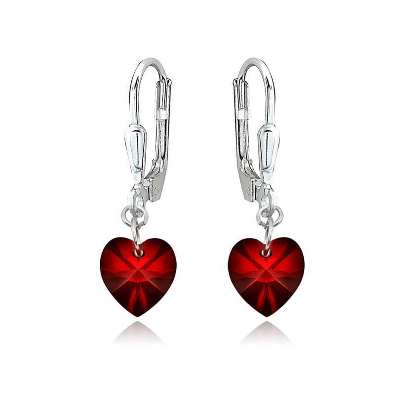 Sterling Silver Red Heart Dangle Earrings with Swarovski Crystals - Dainty Leverback Jewelry