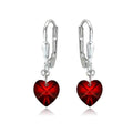 Sterling Silver Red Heart Dangle Earrings with Swarovski Crystals - Dainty Leverback Jewelry