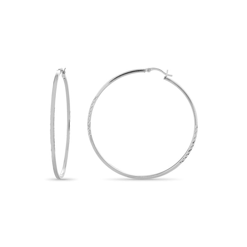 Sterling Silver Diamond Cut Hoop Earrings - Square Tubing, Hinged, 60x2mm