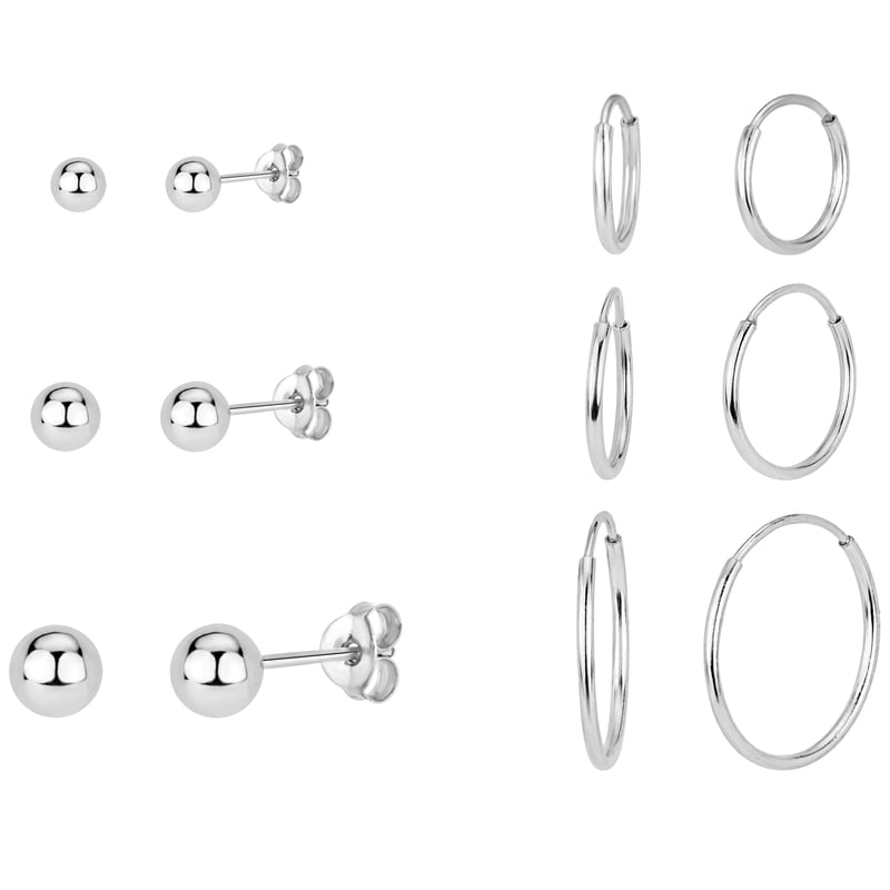 Sterling Silver Hoop Earrings Set with Ball Studs - Endless Design, Multiple Sizes