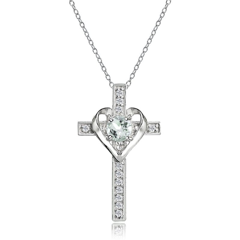 Sterling Silver Birthstone Heart Cross Pendant Necklace for Women & Teens