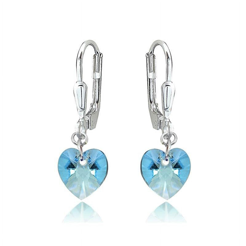 Sterling Silver Heart Dangle Earrings with Swarovski Crystals - Light Blue