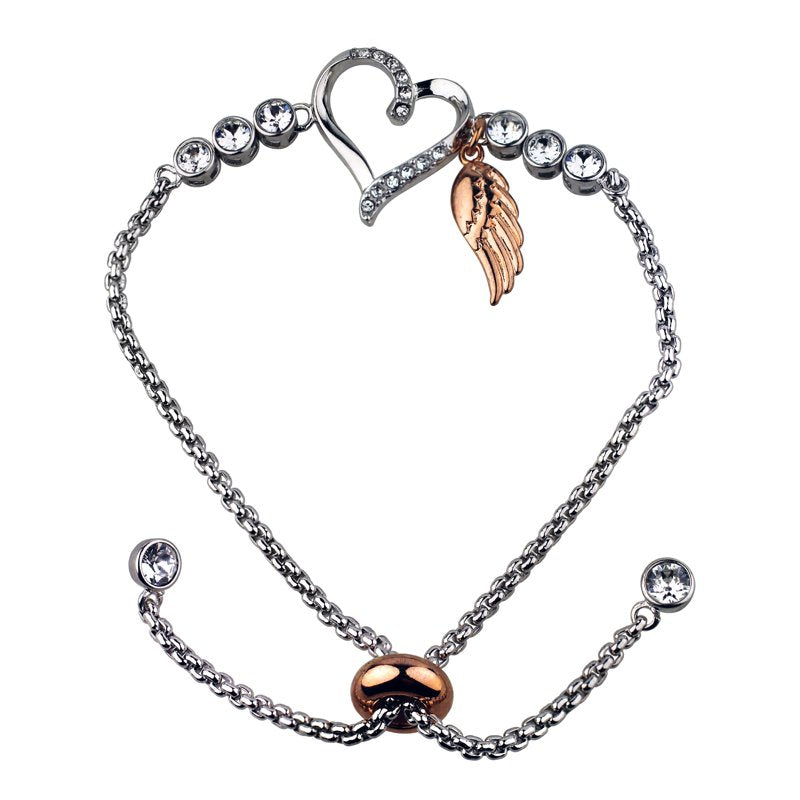 Adjustable Sterling Silver Plated Crystal Heart Wing Bracelet