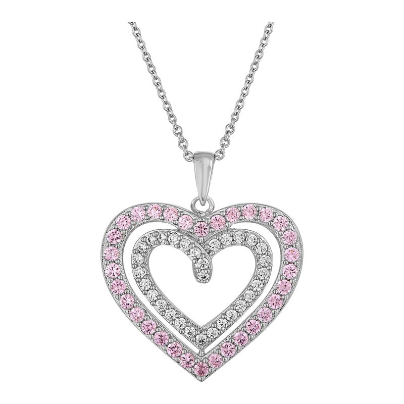 Sterling Silver Plated Heart Pendant with Pink Sapphire CZ Accent - 18 Inch Necklace